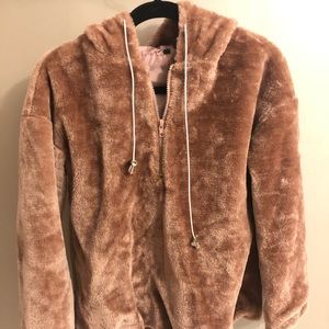 Fuzzy quarter-zip hoodie in neutral pink